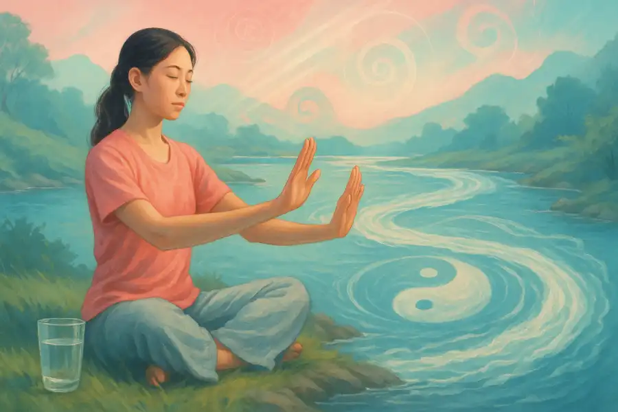 ilustracion de mujer manipulando el QI con sus manos a las orillas de un rio