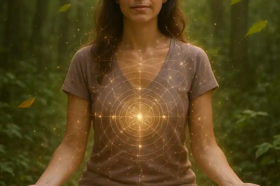 Ilustración de una mujer conectada con la naturaleza y su energía interior, representando el poder de la autosanación del cuerpo