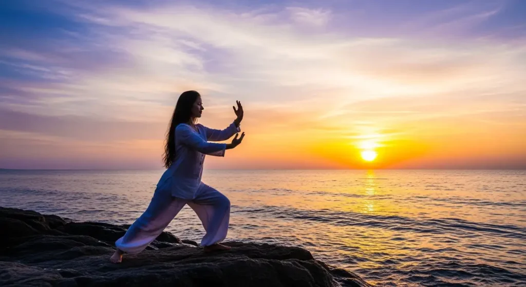 mujer practicando qi-gong en la playa frente al atardecer