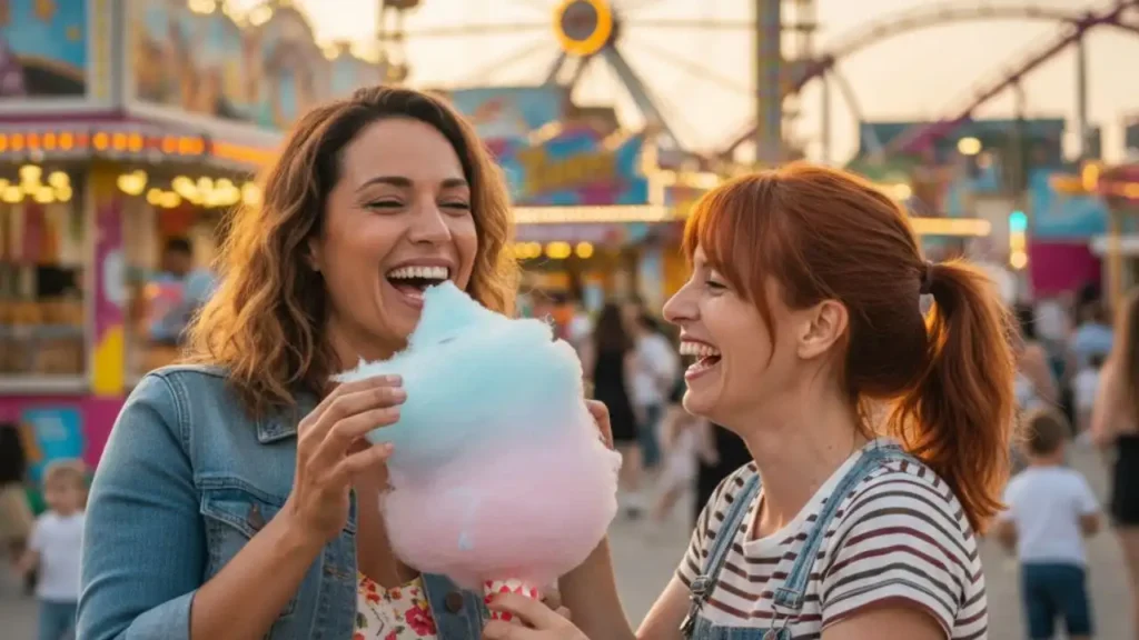 2 mujeres comiendo un algodon de azucar