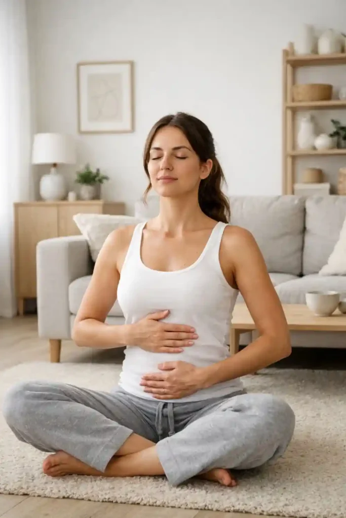 mujer practicando respiración diafragmática en casa