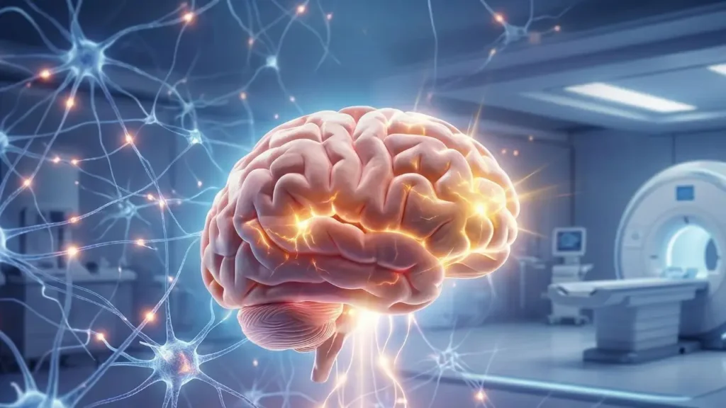 Fotorrealismo de un cerebro humano mostrando una red neural avanzada, ilustrando la conectividad cerebral y la neuroplasticidad