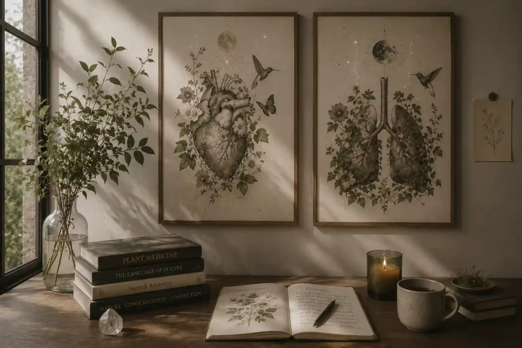 habitacion con estilo light academia biologia sagrada
