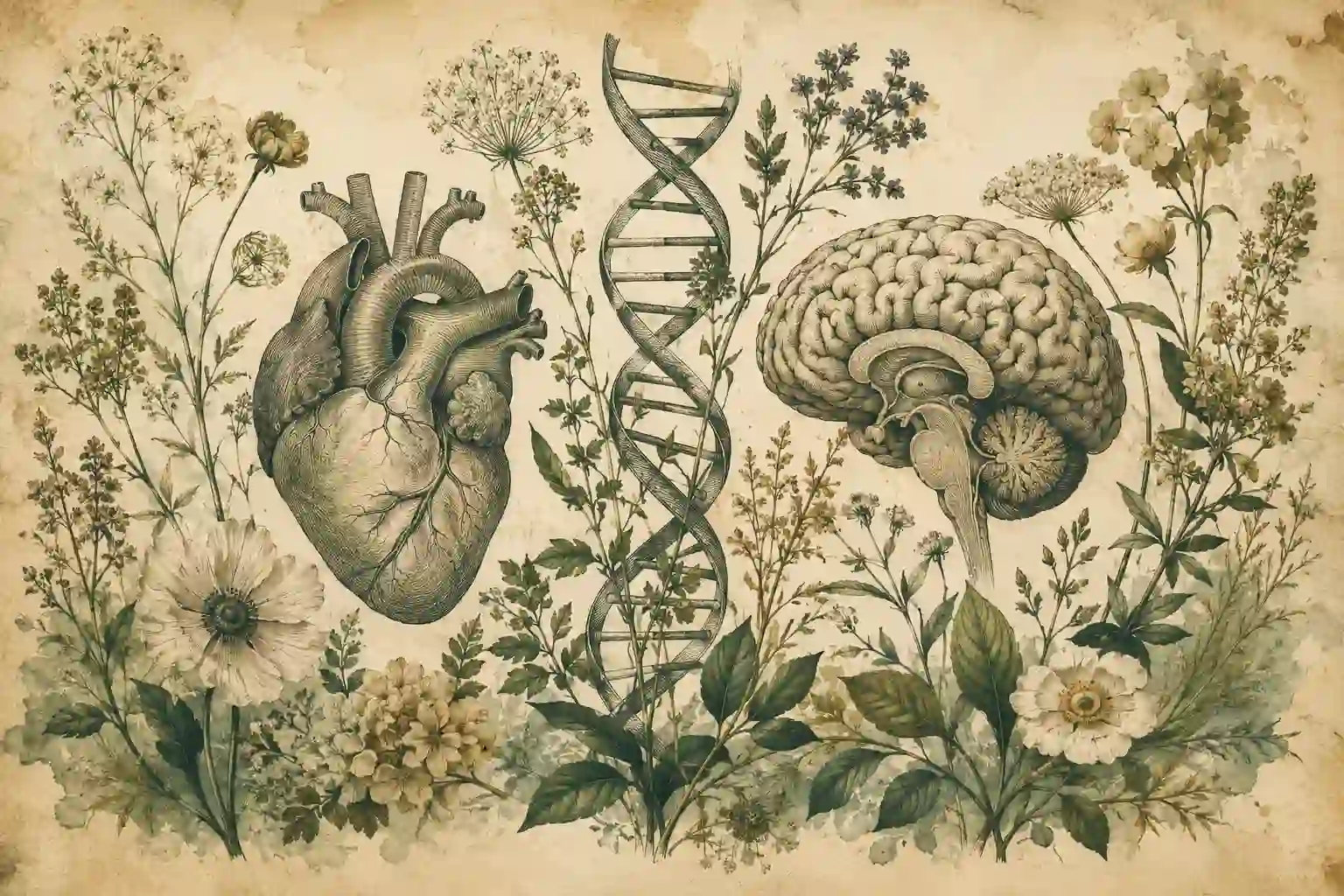 ilustracion de un cerebro y corazom en tonos vintage